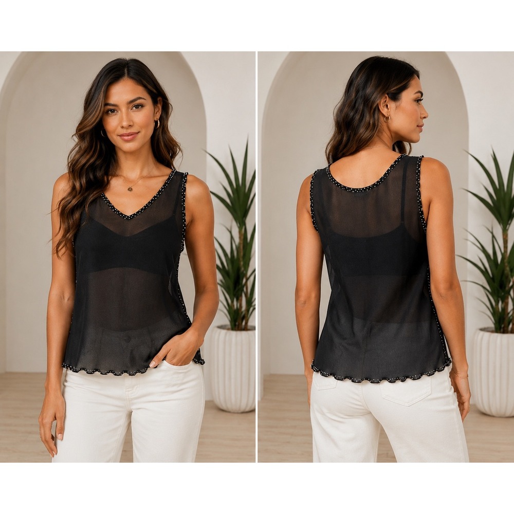 The Limited 100% Silk Tank Top XL Black Sheer Rhinestone Trim Embellished Layer